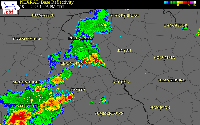 NEXRAD radar during the Saturday, July 18, 2026 storm activity in McCormick County, South Carolina