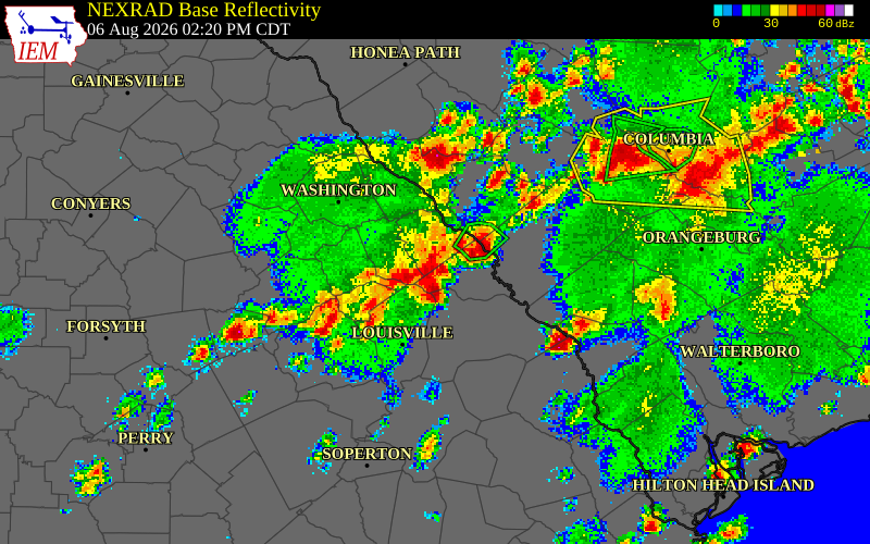 NEXRAD radar during the Thursday, August 6, 2026 storm activity in McCormick County, South Carolina