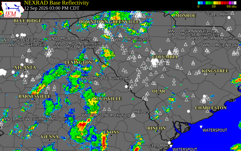 Current NEXRAD radar over McCormick County, South Carolina with recent storm report locations