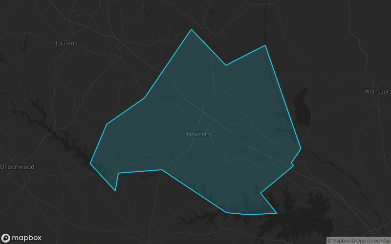 Map of Newberry County, South Carolina showing the county boundary and surrounding cities