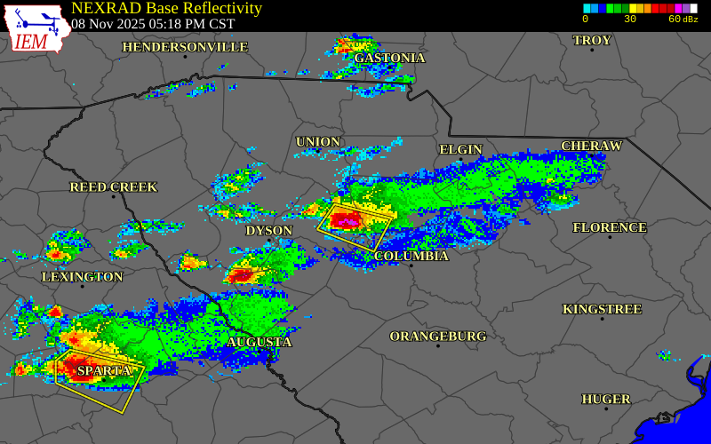 NEXRAD radar during the Saturday, November 8, 2025 storm activity in Newberry County, South Carolina