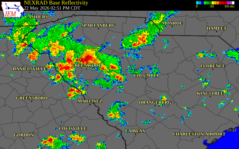 NEXRAD radar during the Friday, May 22, 2026 storm activity in Newberry County, South Carolina