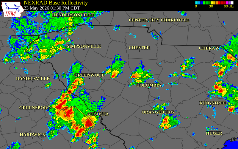 NEXRAD radar during the Saturday, May 23, 2026 storm activity in Newberry County, South Carolina