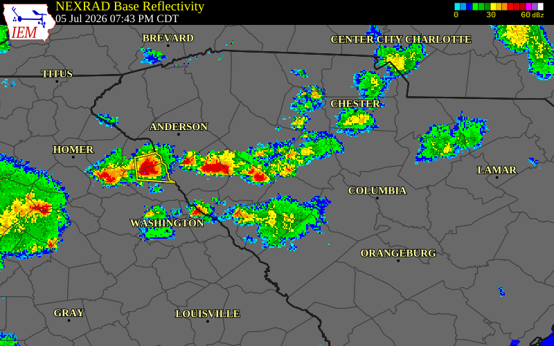 NEXRAD radar during the Sunday, July 5, 2026 storm activity in Newberry County, South Carolina