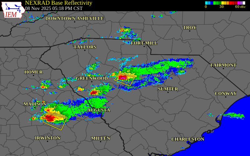 Radar snapshot during the Nov 8, 2025 hail event near 2 ENE Pomaria, Newberry County, South Carolina, with NWS warning polygons