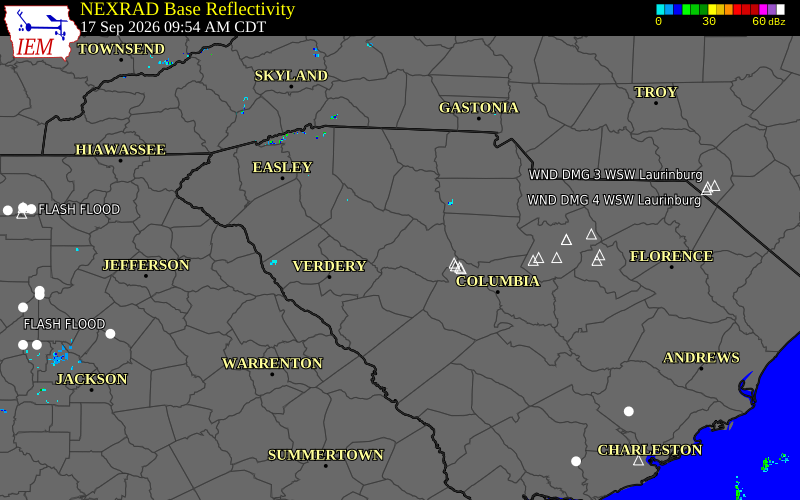 Current NEXRAD radar over Newberry County, South Carolina with recent storm report locations