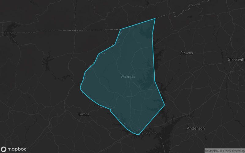 Map of Oconee County, South Carolina showing the county boundary and surrounding cities