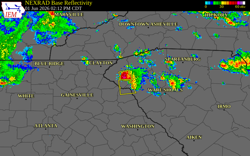 NEXRAD radar during the Monday, June 1, 2026 storm activity in Oconee County, South Carolina