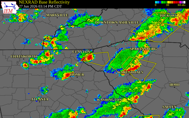 NEXRAD radar during the Saturday, June 27, 2026 storm activity in Oconee County, South Carolina