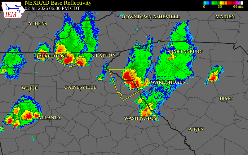NEXRAD radar during the Thursday, July 2, 2026 storm activity in Oconee County, South Carolina