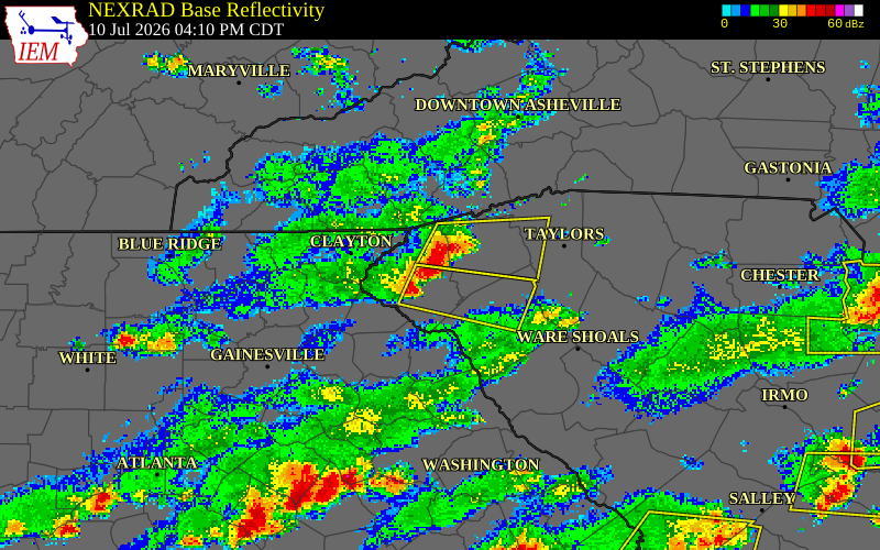 NEXRAD radar during the Friday, July 10, 2026 storm activity in Oconee County, South Carolina
