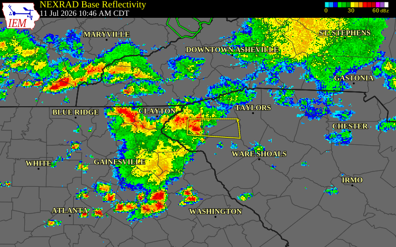 NEXRAD radar during the Saturday, July 11, 2026 storm activity in Oconee County, South Carolina