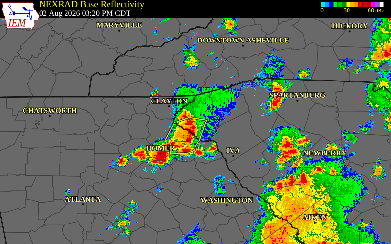 NEXRAD radar during the Sunday, August 2, 2026 storm activity in Oconee County, South Carolina