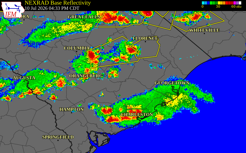 NEXRAD radar during the Friday, July 10, 2026 storm activity in Orangeburg County, South Carolina
