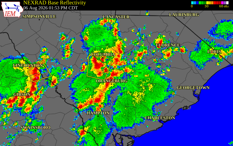 NEXRAD radar during the Thursday, August 6, 2026 storm activity in Orangeburg County, South Carolina