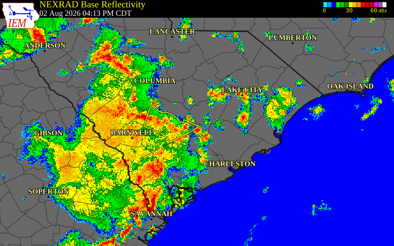 Radar snapshot during the Aug 2, 2026 wind event near Orangeburg County, Orangeburg County, South Carolina, with NWS warning polygons
