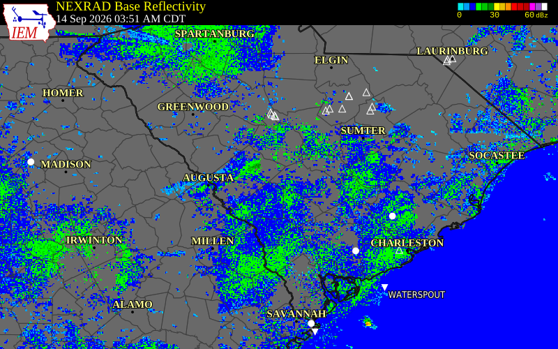 Current NEXRAD radar over Orangeburg County, South Carolina with recent storm report locations