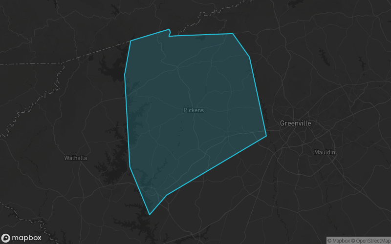 Map of Pickens County, South Carolina showing the county boundary and surrounding cities