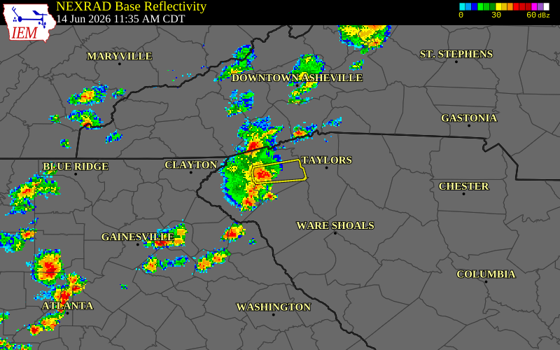 NEXRAD radar during the Sunday, June 14, 2026 storm activity in Pickens County, South Carolina