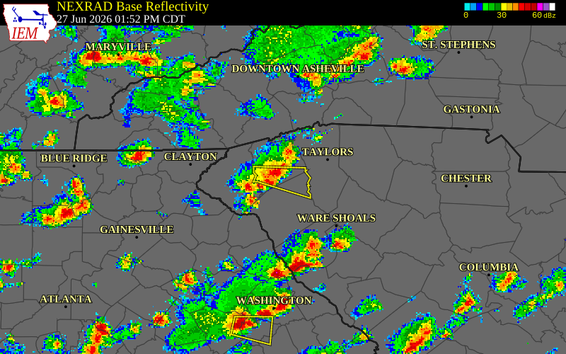 NEXRAD radar during the Saturday, June 27, 2026 storm activity in Pickens County, South Carolina