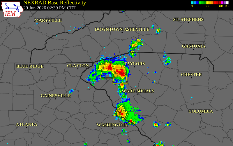 NEXRAD radar during the Monday, June 29, 2026 storm activity in Pickens County, South Carolina