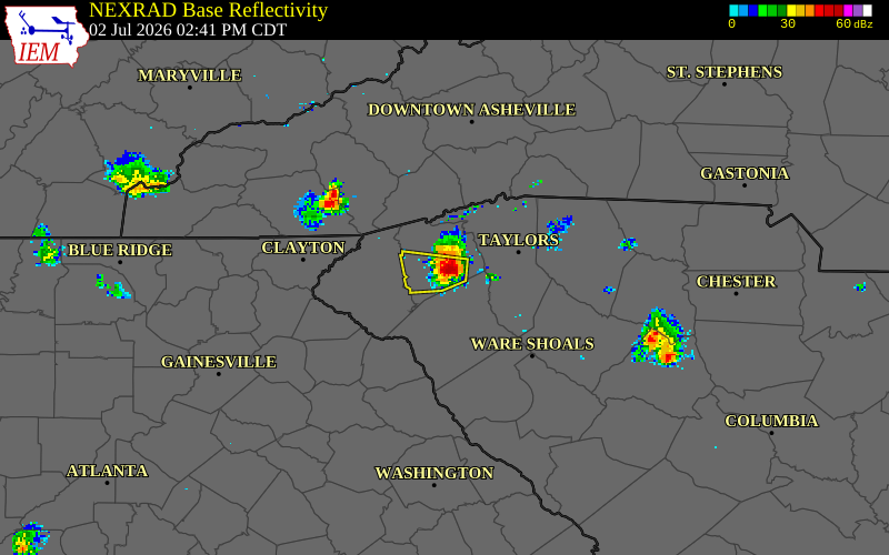 NEXRAD radar during the Thursday, July 2, 2026 storm activity in Pickens County, South Carolina