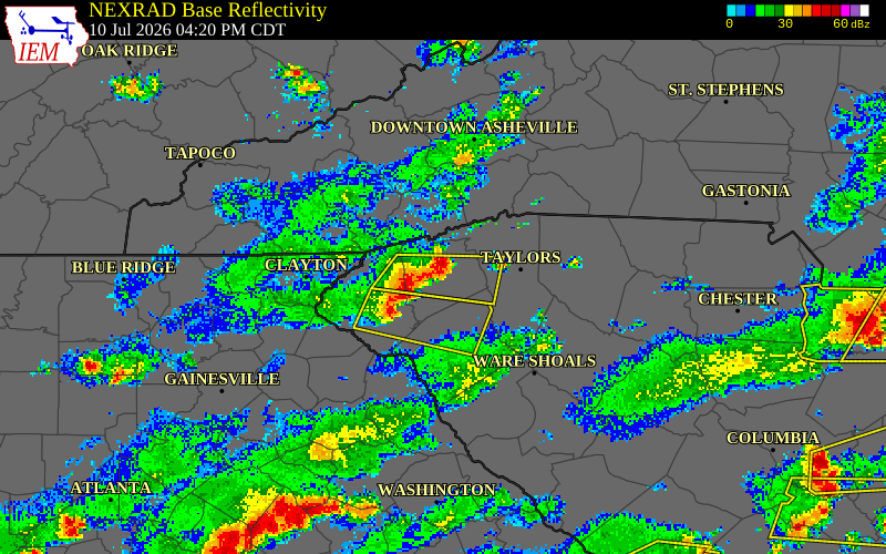 NEXRAD radar during the Friday, July 10, 2026 storm activity in Pickens County, South Carolina