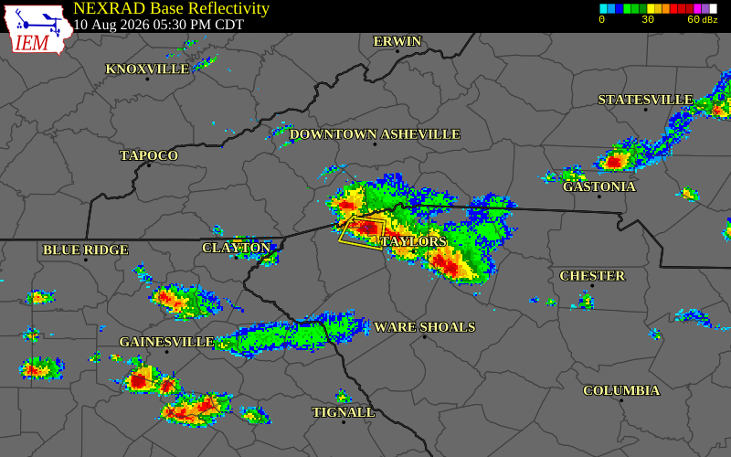 NEXRAD radar during the Monday, August 10, 2026 storm activity in Pickens County, South Carolina