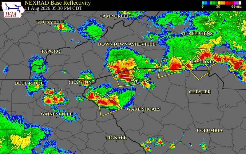 NEXRAD radar during the Tuesday, August 11, 2026 storm activity in Pickens County, South Carolina