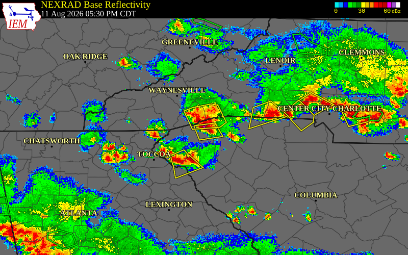 Radar snapshot during the Aug 11, 2026 wind event near 3 NE Pumpkintown, Pickens County, South Carolina, with NWS warning polygons
