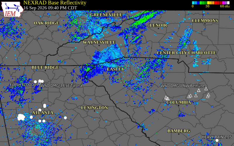 Current NEXRAD radar over Pickens County, South Carolina with recent storm report locations