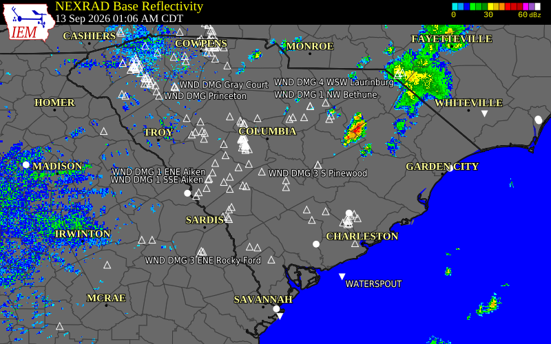 Current NEXRAD radar across South Carolina with recent storm report locations