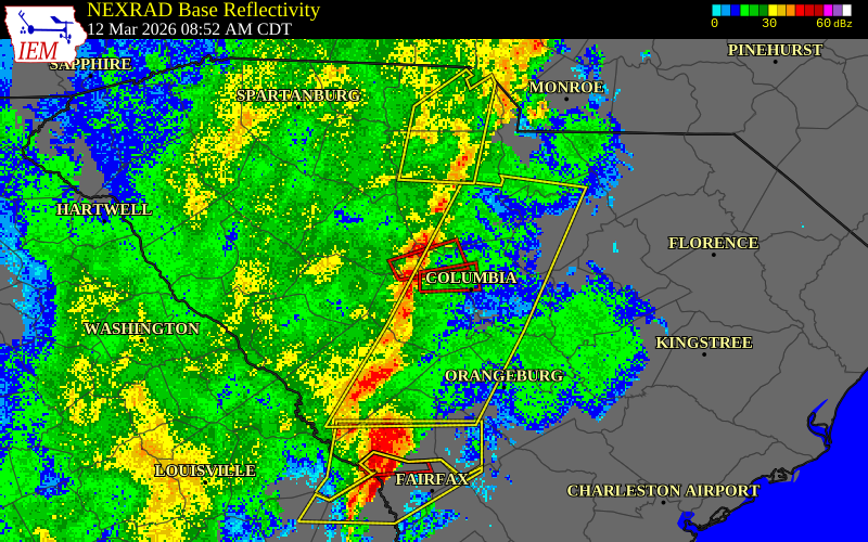 NEXRAD radar during the Thursday, March 12, 2026 storm activity in Richland County, South Carolina