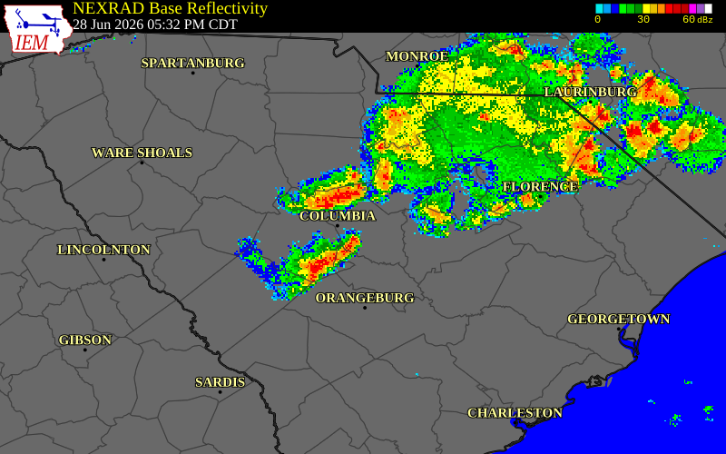 NEXRAD radar during the Sunday, June 28, 2026 storm activity in Richland County, South Carolina
