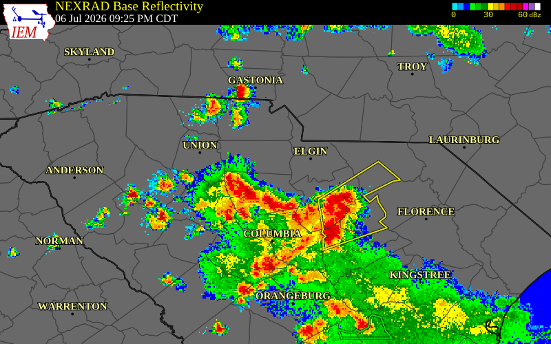 NEXRAD radar during the Monday, July 6, 2026 storm activity in Richland County, South Carolina