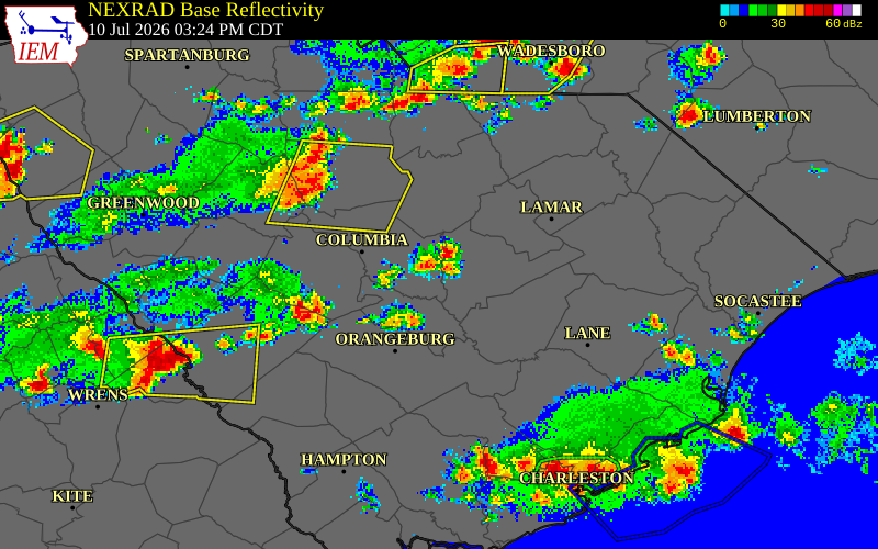 NEXRAD radar during the Friday, July 10, 2026 storm activity in Richland County, South Carolina