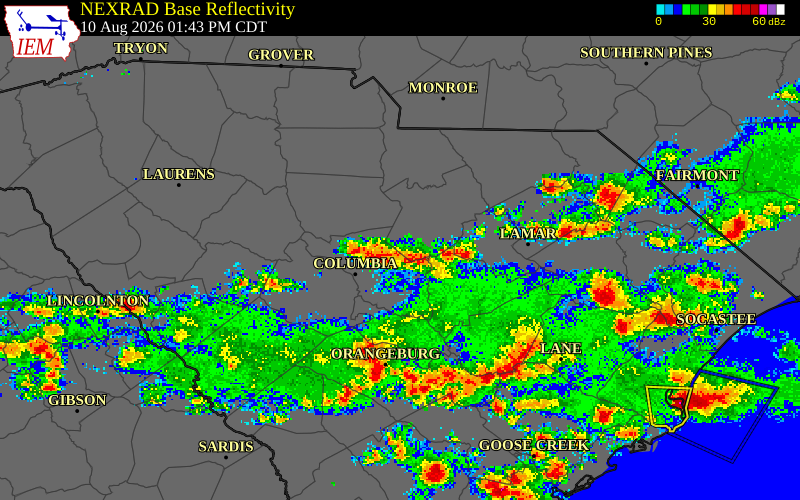NEXRAD radar during the Monday, August 10, 2026 storm activity in Richland County, South Carolina