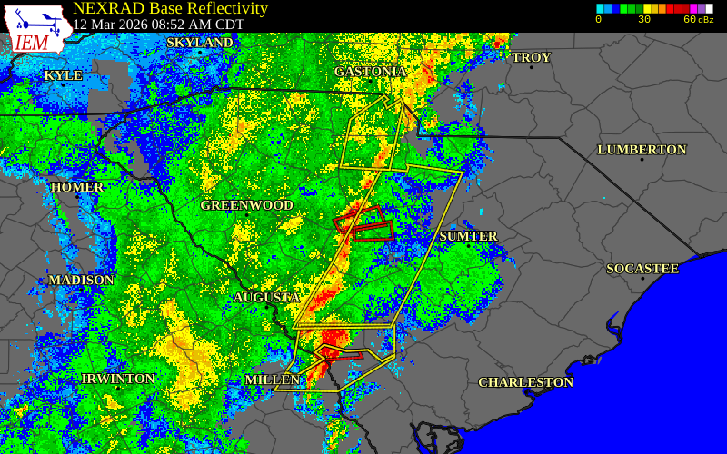 Radar snapshot during the Mar 12, 2026 tornado event near 2 SSE Ballentine, Richland County, South Carolina, with NWS warning polygons