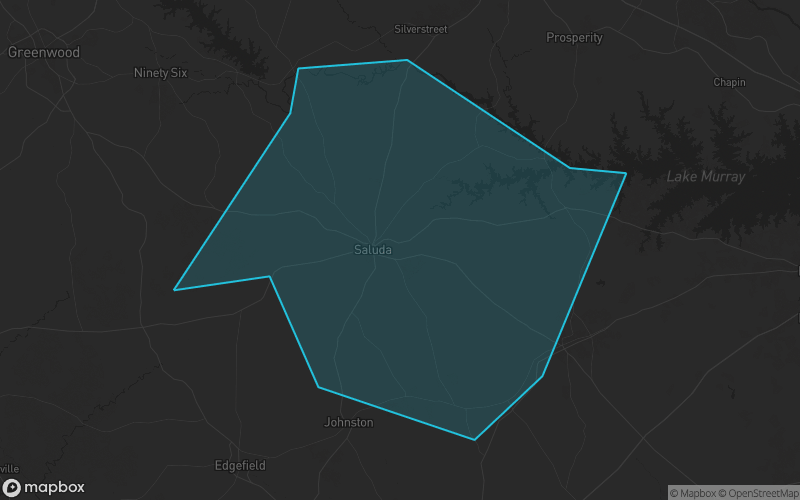 Map of Saluda County, South Carolina showing the county boundary and surrounding cities