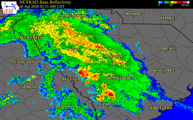 NEXRAD radar during the Thursday, April 30, 2026 storm activity in Saluda County, South Carolina