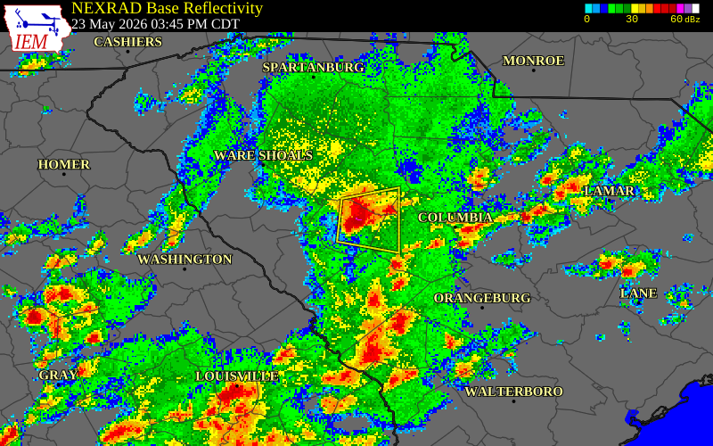 NEXRAD radar during the Saturday, May 23, 2026 storm activity in Saluda County, South Carolina