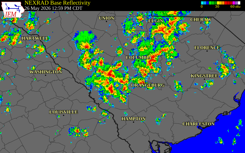 NEXRAD radar during the Tuesday, May 26, 2026 storm activity in Saluda County, South Carolina