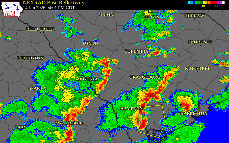 NEXRAD radar during the Sunday, June 14, 2026 storm activity in Saluda County, South Carolina