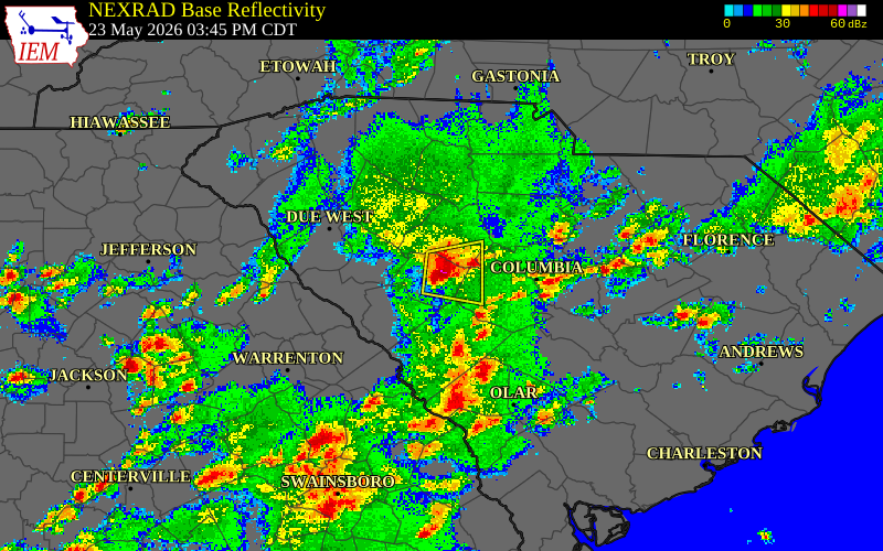 Radar snapshot during the May 23, 2026 hail event near 7 ENE Saluda, Saluda County, South Carolina, with NWS warning polygons