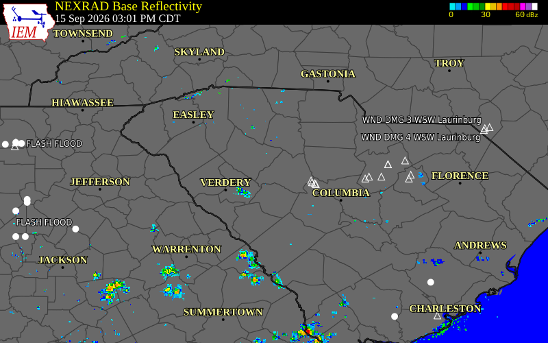 Current NEXRAD radar over Saluda County, South Carolina with recent storm report locations