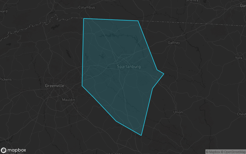 Map of Spartanburg County, South Carolina showing the county boundary and surrounding cities
