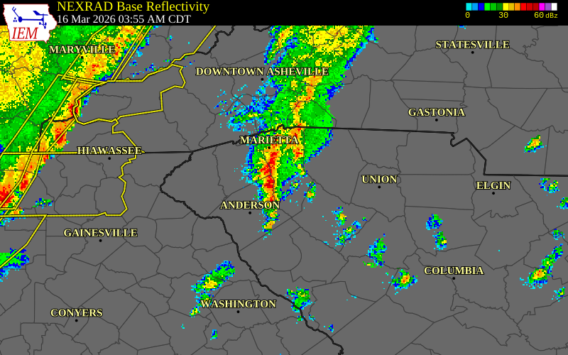 NEXRAD radar during the Monday, March 16, 2026 storm activity in Spartanburg County, South Carolina