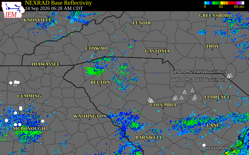 Current NEXRAD radar over Spartanburg County, South Carolina with recent storm report locations