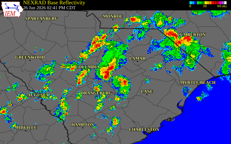 NEXRAD radar during the Friday, June 26, 2026 storm activity in Sumter County, South Carolina