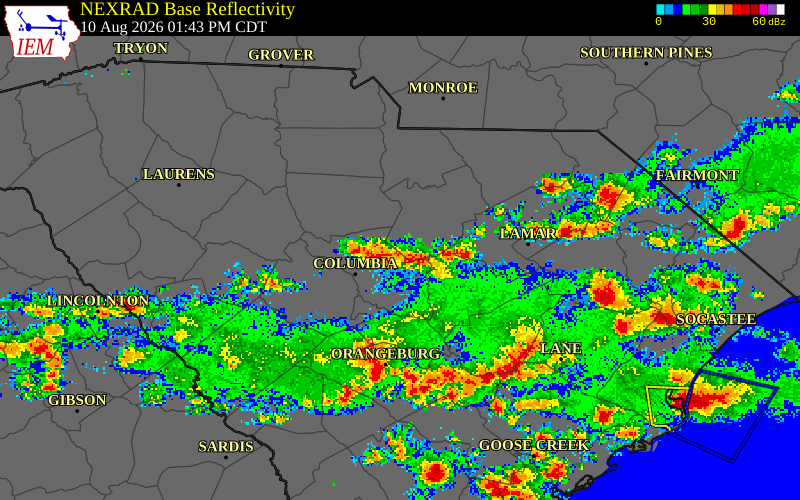 NEXRAD radar during the Monday, August 10, 2026 storm activity in Sumter County, South Carolina